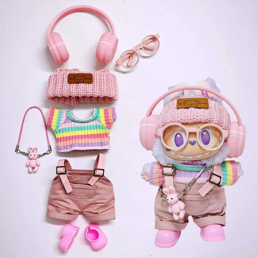 Labubu clothes Pink overalls, colorful headphone sets