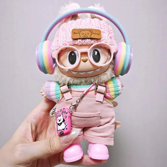 Labubu clothes Pink overalls, colorful headphone sets